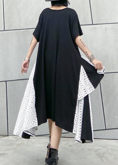 French asymmetric o neck cotton clothes pattern black cotton robes Dresses - bagstylebliss