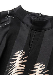 French big hem cotton prints tunic top Sleeve black long Dress - bagstylebliss