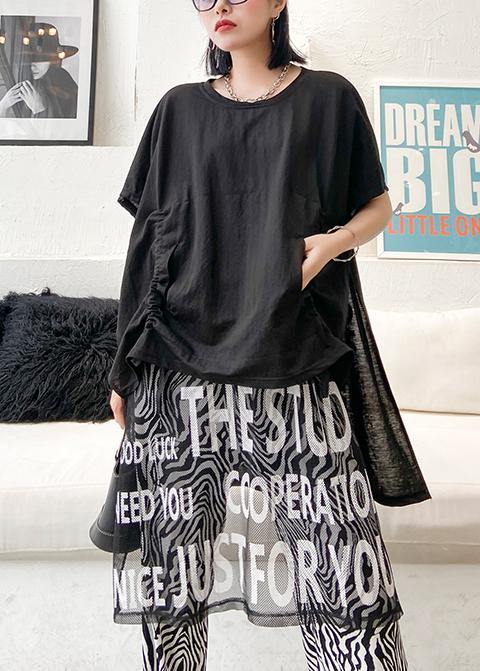 French black Letter Cotton clothes o neck patchwork tulle short Dress - bagstylebliss