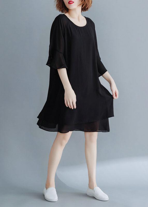 French black chiffon tunic dress flare sleeve tunic summer Dress - bagstylebliss