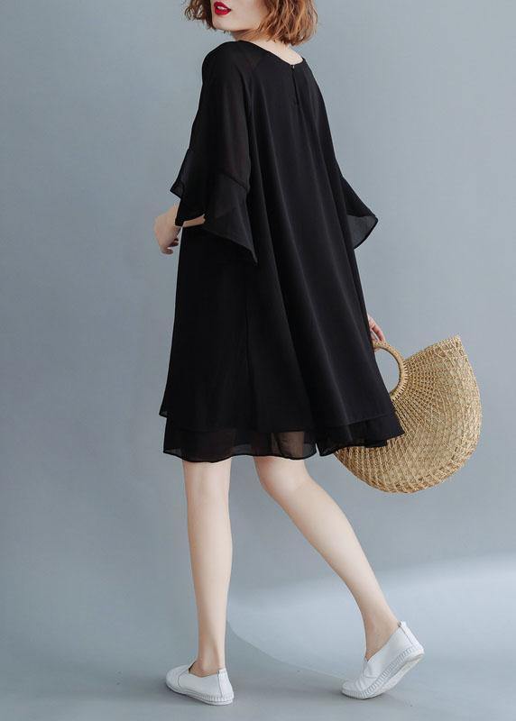 French black chiffon tunic dress flare sleeve tunic summer Dress - bagstylebliss