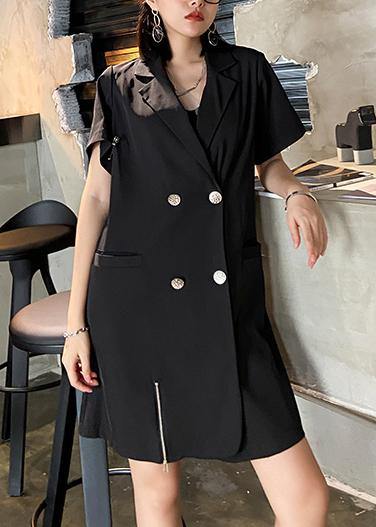 French black clothes For Women Notched Double row buttons Plus Size Dresses - bagstylebliss