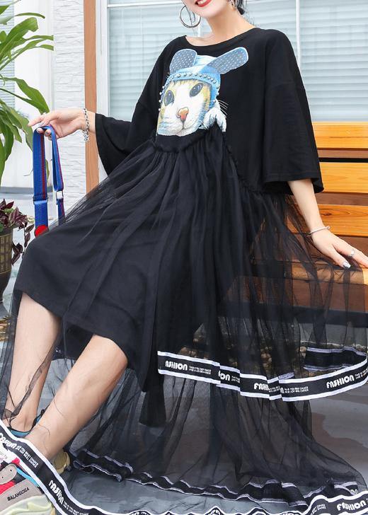 French black cotton Long Shirts patchwork tulle Plus Size  summer Dresses - bagstylebliss