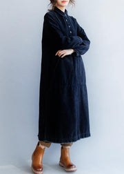 French black cotton clothes Women side open Plus Size lapel collar Dress - bagstylebliss