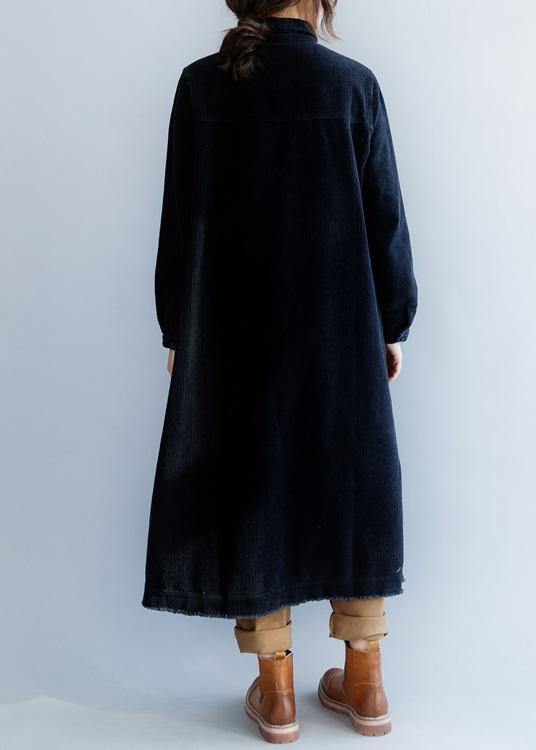 French black cotton clothes Women side open Plus Size lapel collar Dress - bagstylebliss