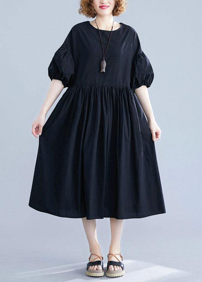 French black cotton dresses lantern sleeve Robe summer Dress - bagstylebliss