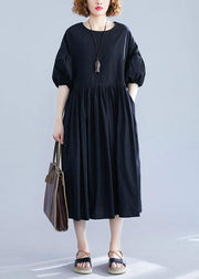 French black cotton dresses lantern sleeve Robe summer Dress - bagstylebliss