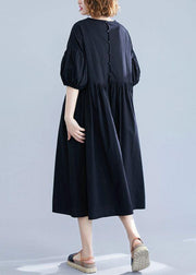 French black cotton dresses lantern sleeve Robe summer Dress - bagstylebliss