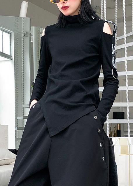 French black cotton shirts women asymmetric hollow out Art top - bagstylebliss