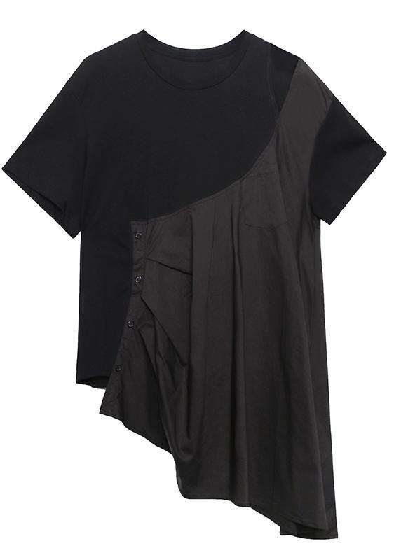 French black cotton tunic top o neck patchwork baggy shirts - bagstylebliss