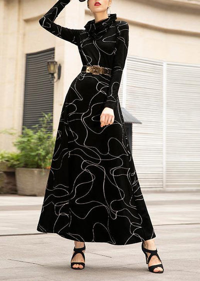 French black cotton tunic top wild Plus Size high neck Dresses - bagstylebliss