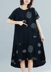 French black dotted o neck asymmetric cotton robes summer Dress - bagstylebliss