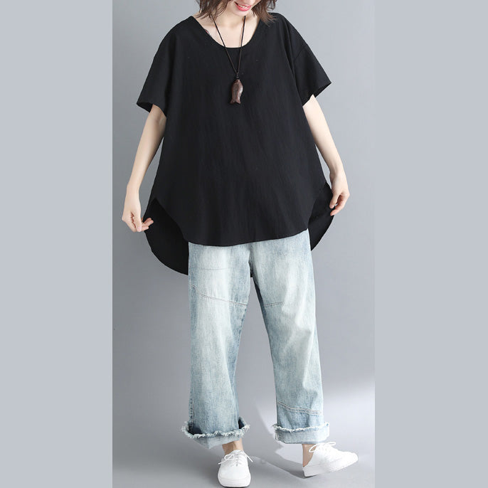 French black linen Long Shirts plus size design o neck tops