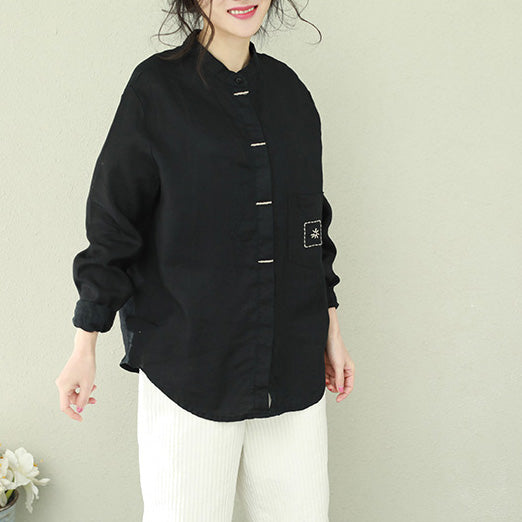 French black linen blouses for women Omychic Inspiration stand collar loose shirts