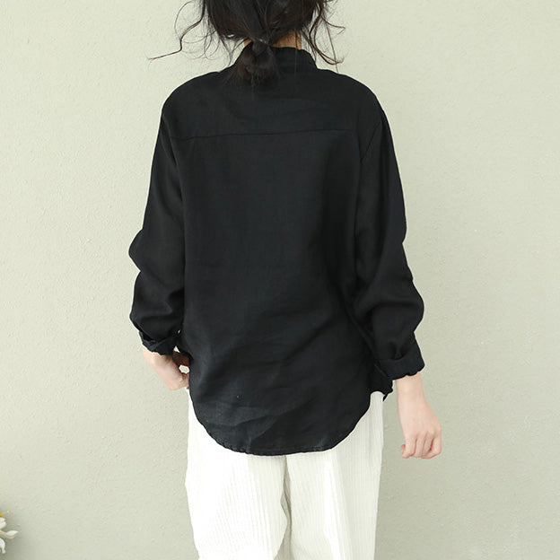 French black linen blouses for women Omychic Inspiration stand collar loose shirts