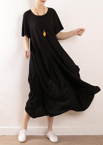 French black linen quilting dresses Fitted Sleeve big hem A Line summer Dress - bagstylebliss