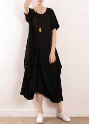 French black linen quilting dresses Fitted Sleeve big hem A Line summer Dress - bagstylebliss
