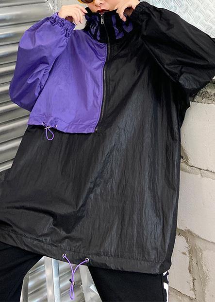 French black patchwork purple top Fabrics drawstring blouse - bagstylebliss