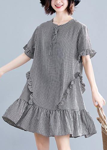 French black plaid Cotton quilting dresses o neck Ruffles cotton Dress - bagstylebliss