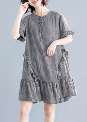 French black plaid Cotton quilting dresses o neck Ruffles cotton Dress - bagstylebliss