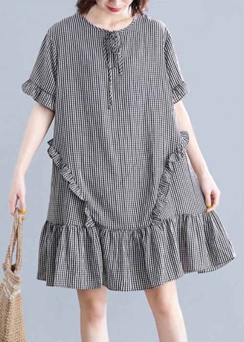 French black plaid Cotton quilting dresses o neck Ruffles cotton Dress - bagstylebliss