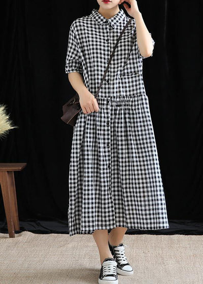 French black plaid linen Long Shirts lapel Cinched cotton robes Dress - bagstylebliss