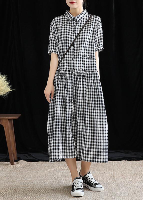 French black plaid linen Long Shirts lapel Cinched cotton robes Dress - bagstylebliss