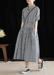 French black plaid linen Long Shirts lapel Cinched cotton robes Dress - bagstylebliss