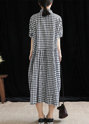 French black plaid linen Long Shirts lapel Cinched cotton robes Dress - bagstylebliss