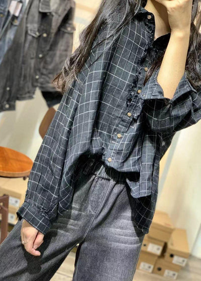 French black plaid linen tops women ruffles Cinched loose fall blouses - bagstylebliss