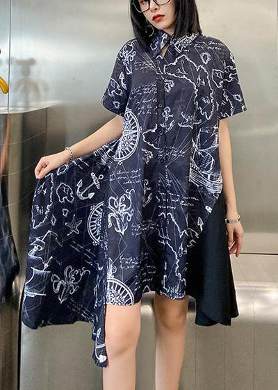 French black print clothes Women lapel asymmetric Plus Size summer Dress - bagstylebliss