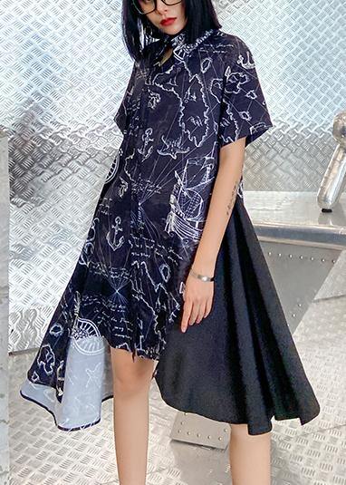 French black print clothes Women lapel asymmetric Plus Size summer Dress - bagstylebliss