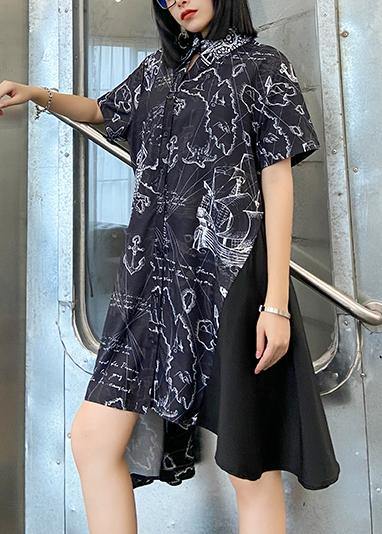 French black print clothes Women lapel asymmetric Plus Size summer Dress - bagstylebliss