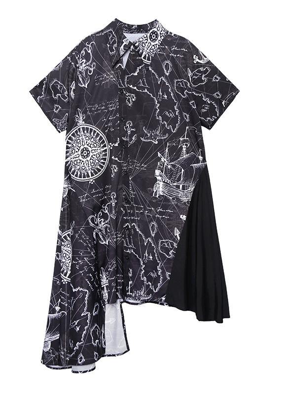 French black print clothes Women lapel asymmetric Plus Size summer Dress - bagstylebliss