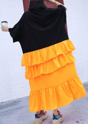 French black prints cotton clothes Women asymmetric hem ruffles loose summer Dress - bagstylebliss