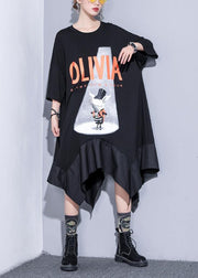 French black prints cotton clothes asymmetric hem Robe summer Dress - bagstylebliss