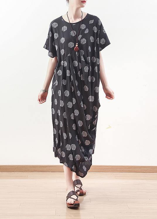 French black prints linen dress Casual Sewing draping long summer Dresses - bagstylebliss