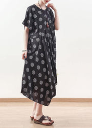 French black prints linen dress Casual Sewing draping long summer Dresses - bagstylebliss