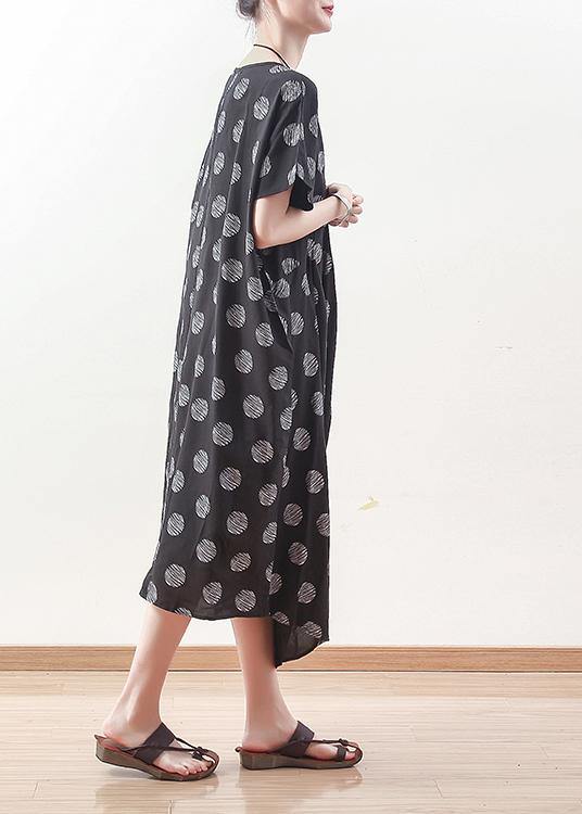 French black prints linen dress Casual Sewing draping long summer Dresses - bagstylebliss