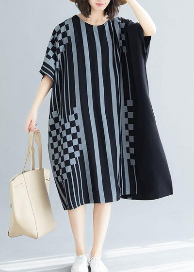 French black striped Cotton dresses o neck asymmetric Art summer Dress - bagstylebliss