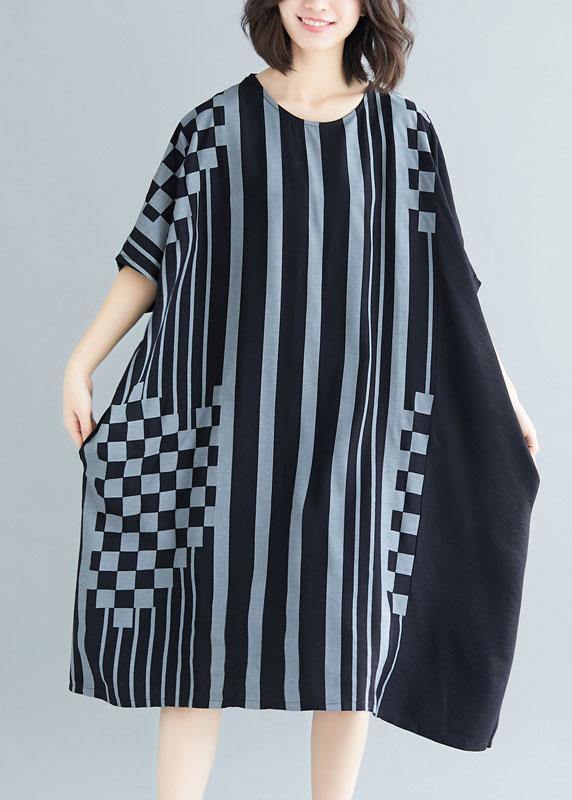 French black striped Cotton dresses o neck asymmetric Art summer Dress - bagstylebliss