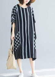 French black striped Cotton dresses o neck asymmetric Art summer Dress - bagstylebliss