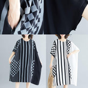 French black striped Cotton dresses o neck asymmetric Art summer Dress - bagstylebliss