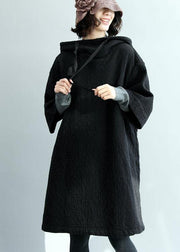 French black thick cotton clothes For Women hooded Traveling winter Dress - bagstylebliss