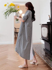 French black white plaid Cotton clothes lapel low high design cotton Dress - bagstylebliss