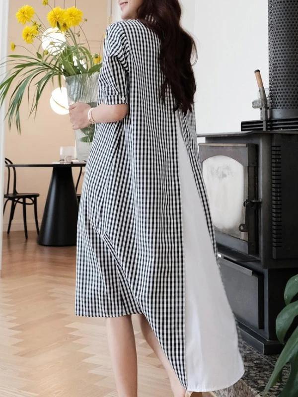 French black white plaid Cotton clothes lapel low high design cotton Dress - bagstylebliss