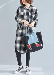 French black white plaid cotton top silhouette lapel pockets cotton tops - bagstylebliss