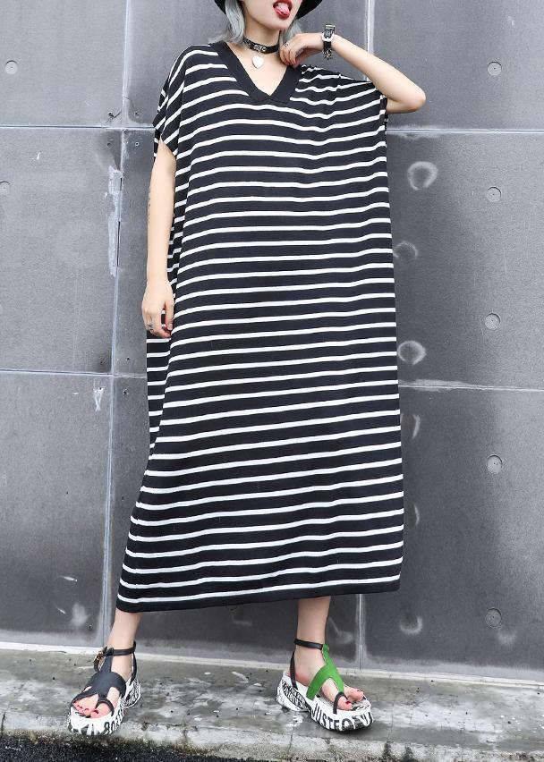 French black white striped cotton quilting dresses v neck A Line summer Dress - bagstylebliss
