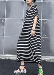 French black white striped cotton quilting dresses v neck A Line summer Dress - bagstylebliss