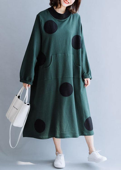 French blackish green cotton dresses patchwork pockets loose fall Dresses - bagstylebliss